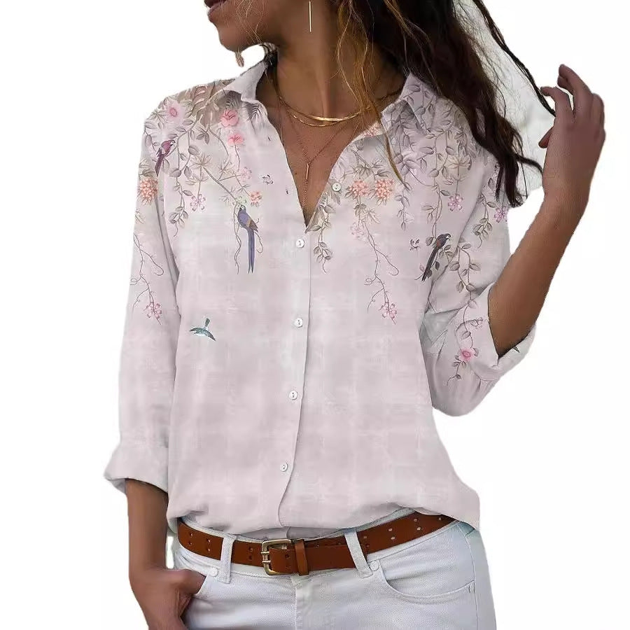 Women's Loose Lapel Long Sleeves Single-breasted Shirt Elegant Blouse
