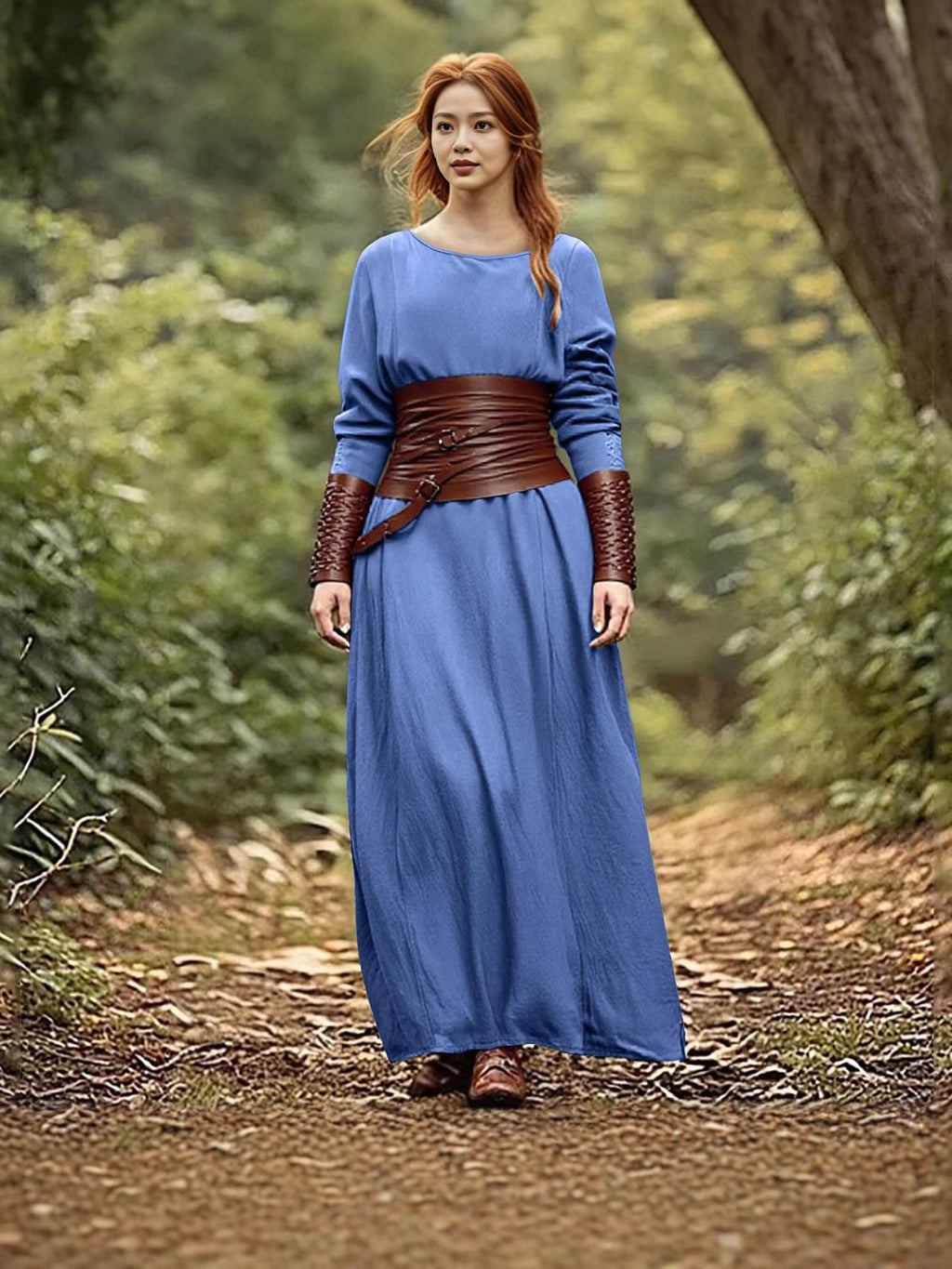 Women's Medieval Retro Crew Neck Long Sleeve Slim Artistic Cotton Linen Dress