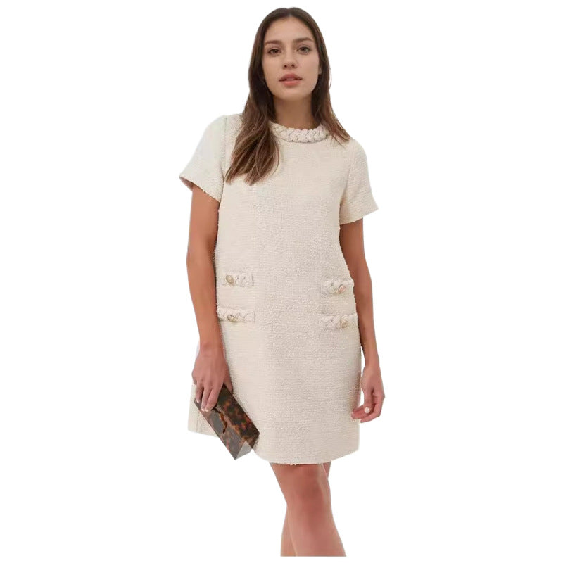 Women's Style Tweed Jack Elegant Round Neck Sleeve Button Shorts