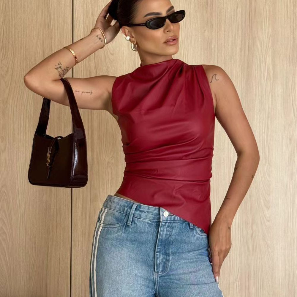 Women's Sleeveless Leather Stand Collar Personalized Waist Irregular Women's T-shirt