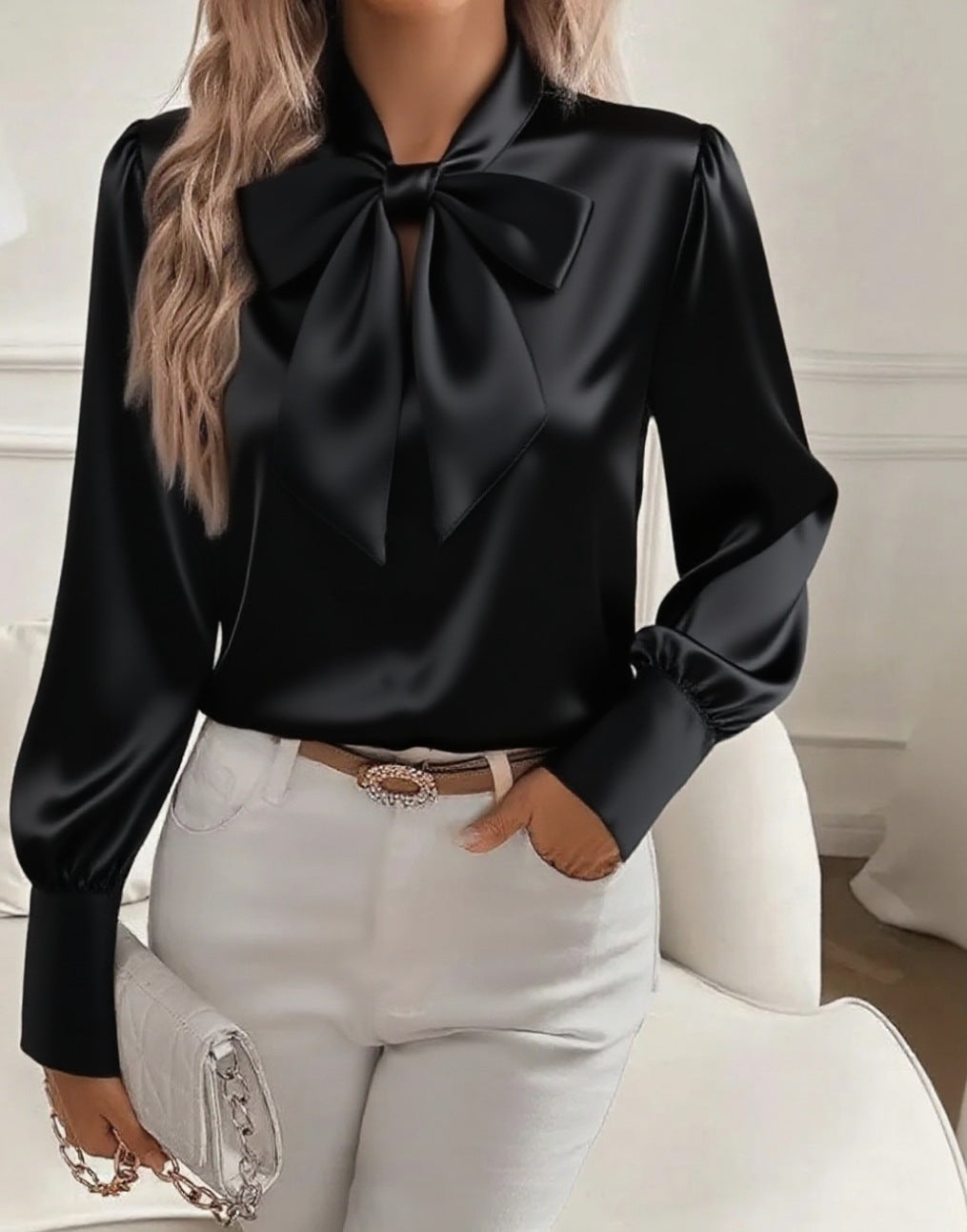 Women's Autumn Long Sleeve Bowknot Satin Shirt Tops