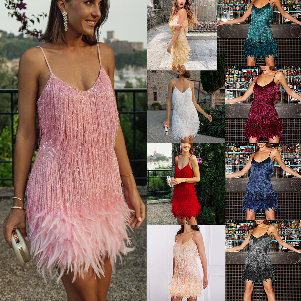 Women's Tassel Feather Sequin Dinner Sexy Strap Dress
