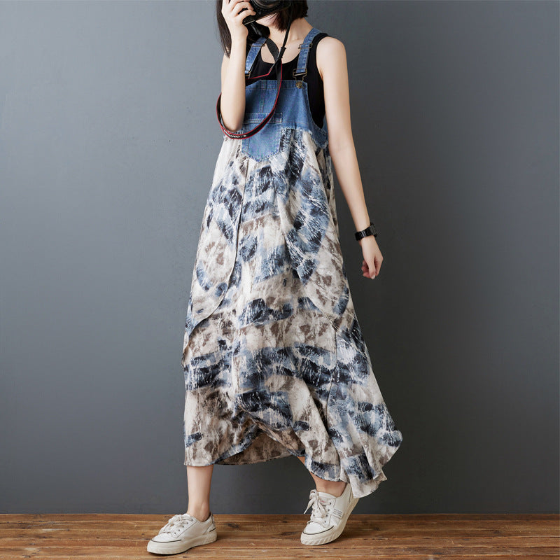 Color Loose Denim Stitching Floral Strap Dress