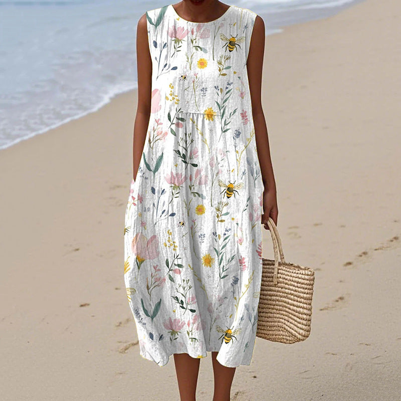 Women's Printed Round Neck Pullover Fashion Casual Dress