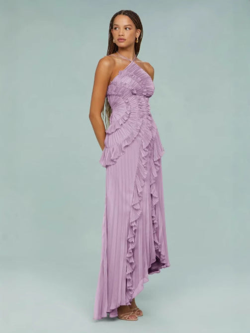 Women's Chiffon Ruffled Pleated Design Slimming Midi Fast Dress