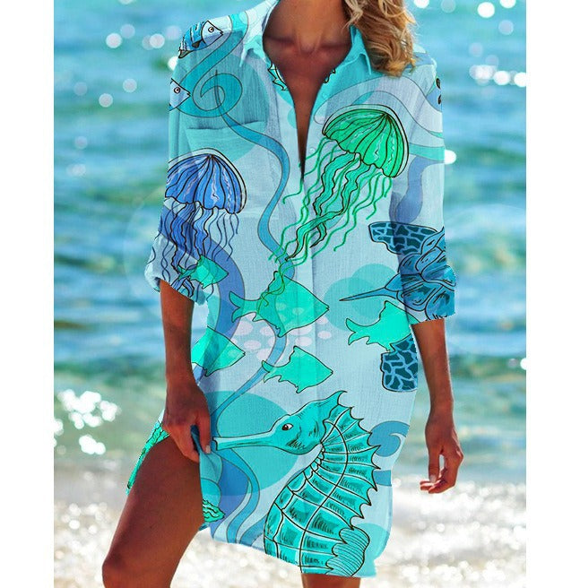 Women's Summer Printed Bikini Shirt Swimsuit Vacation Blouse