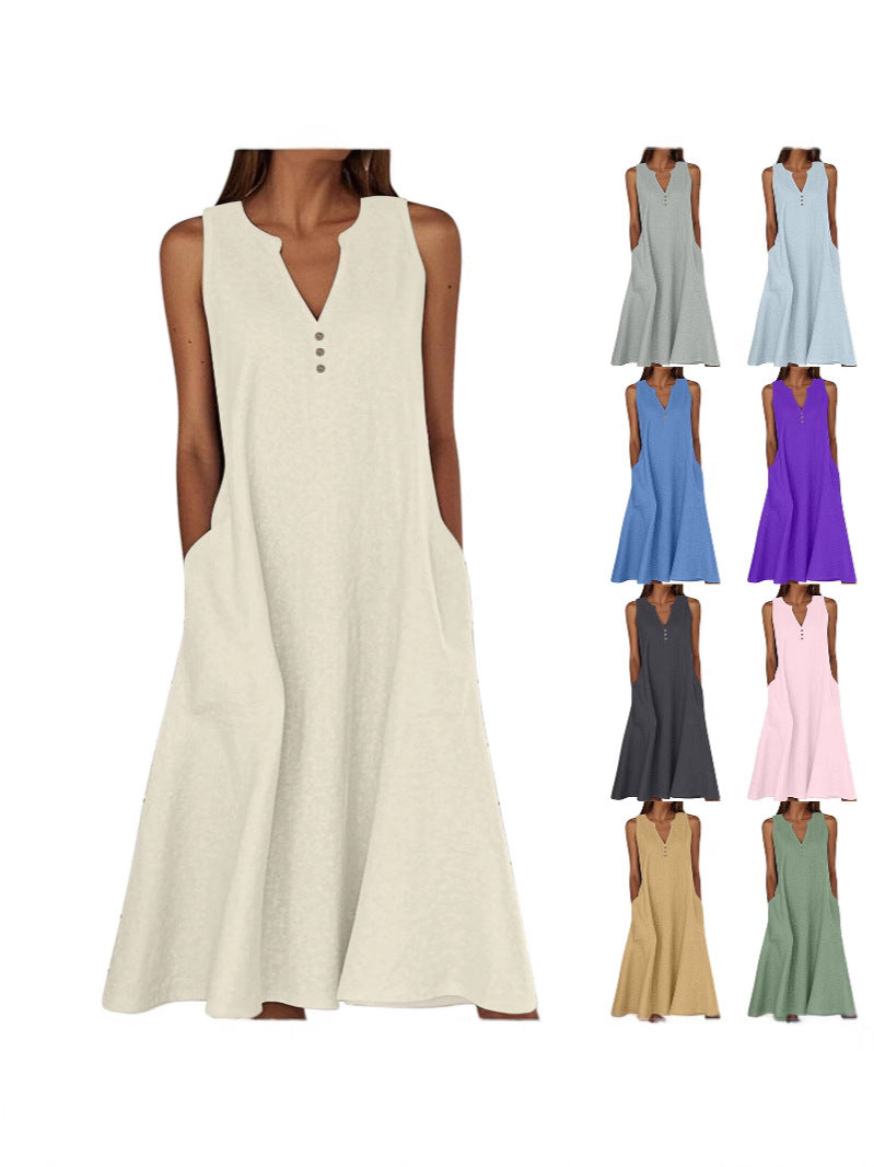 Women's Linen Ethnic Greek Sleeve Maxi Sleeveless Dress