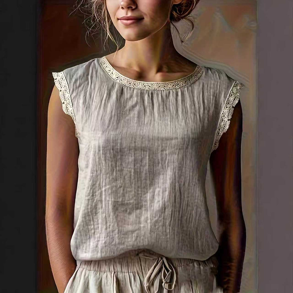 Women's Solid Color Round Neck Lace Stitching Sleeveless Linen Blouse