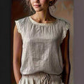 Women's Solid Color Round Neck Lace Stitching Sleeveless Linen Blouse