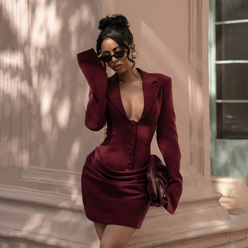 Women's Winter Casual Solid Color Deep Double-breasted Dress