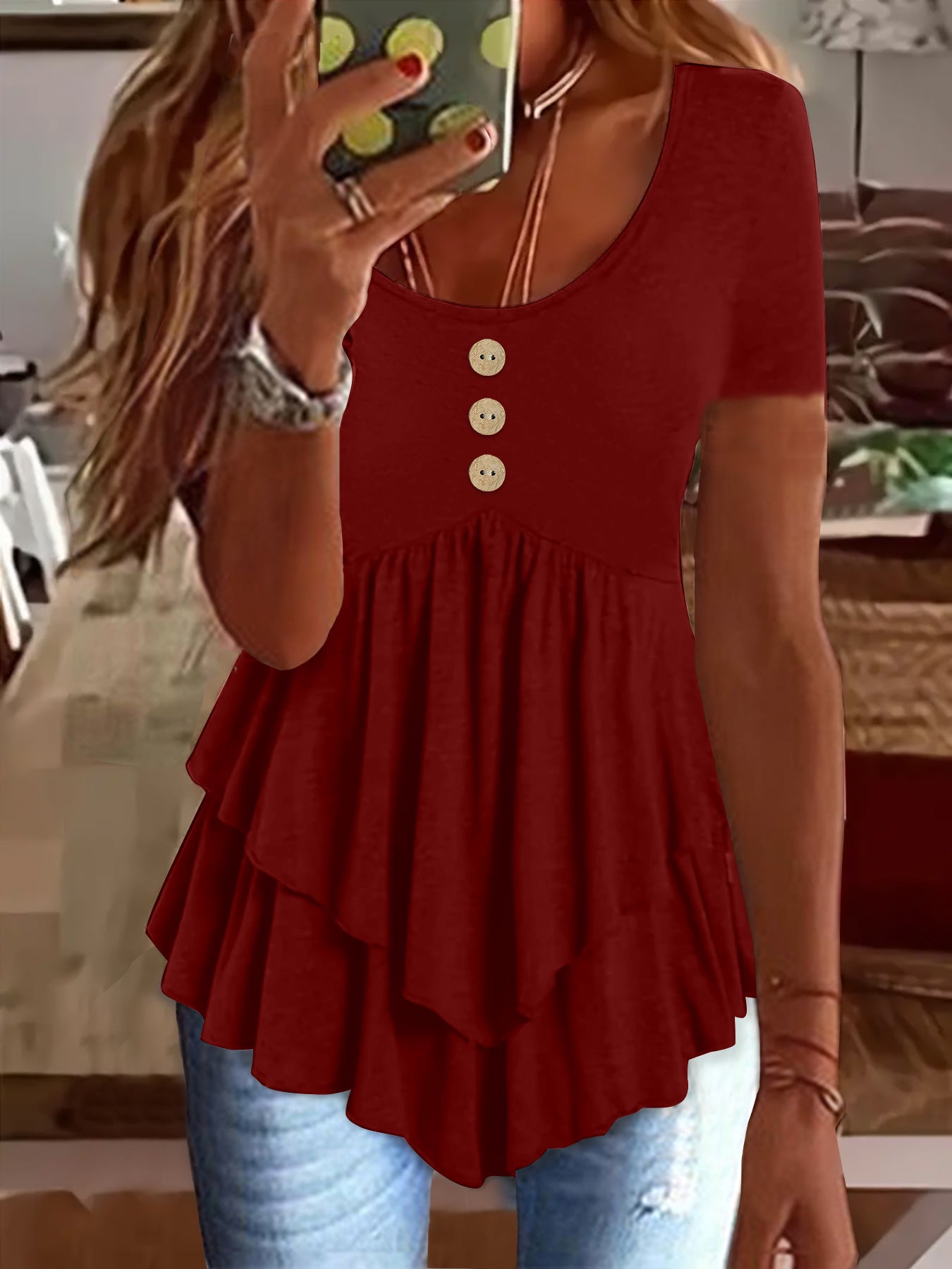 Women's Fashion Casual Solid Color Short-sleeved Dress Tops