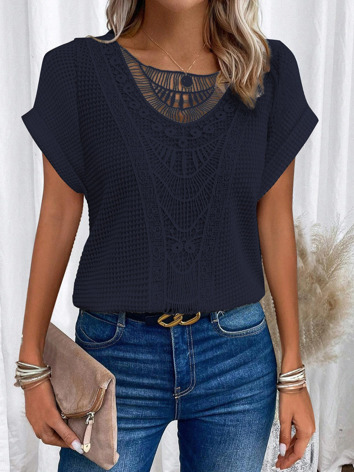 Fashion Beautiful Women's Lace Patchwork Short-sleeved Women's T-shirt