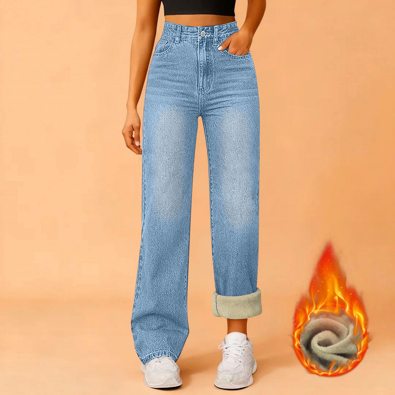 Women's Fleece Padded Loose Straight Ladies Women's Jeans