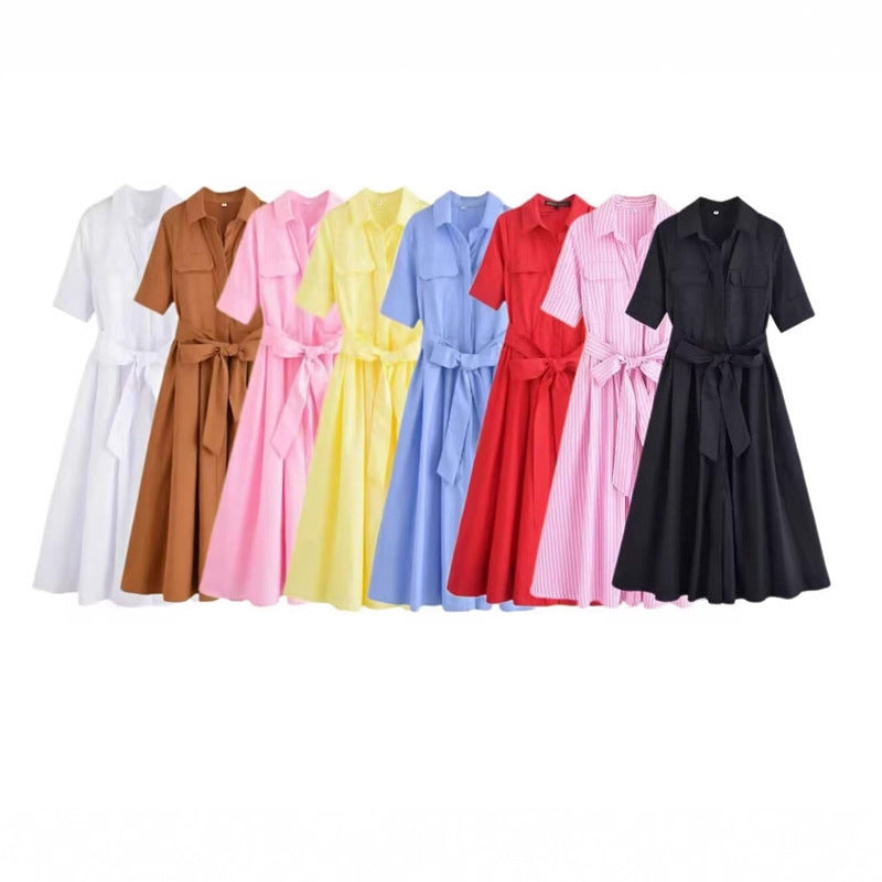 Fashion Polo Collar Single-breasted With Belt Shirt Dress