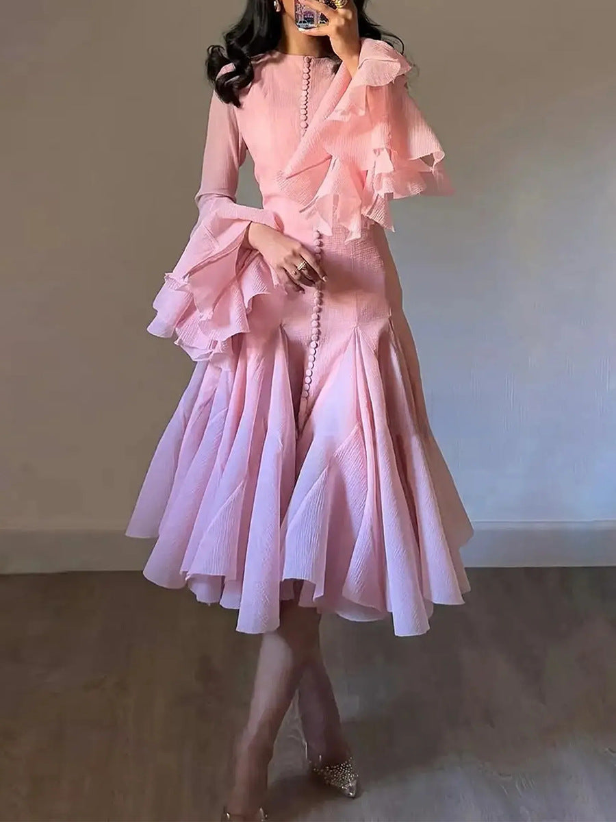 Women's Ruffled For Summer Fashion High Collar Long Sleeve Dress