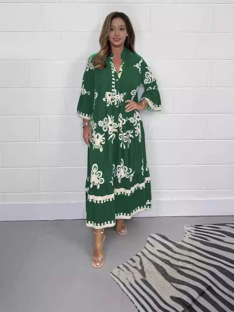 Women's Elegant Print Stand-up Collar Cinched Dress
