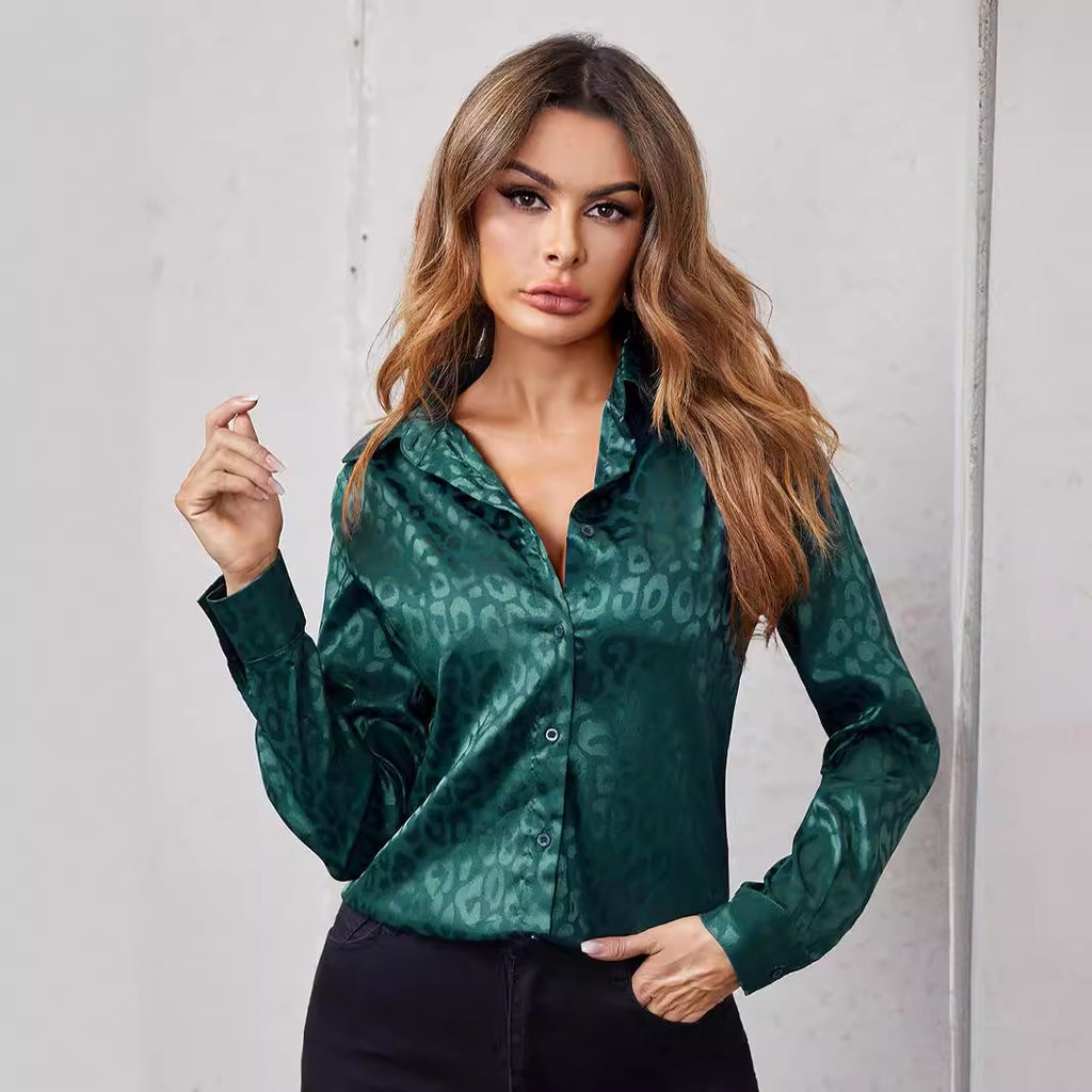 Women's Open Button Leopard Jacquard Shirt Temperament Commute Long Blouse