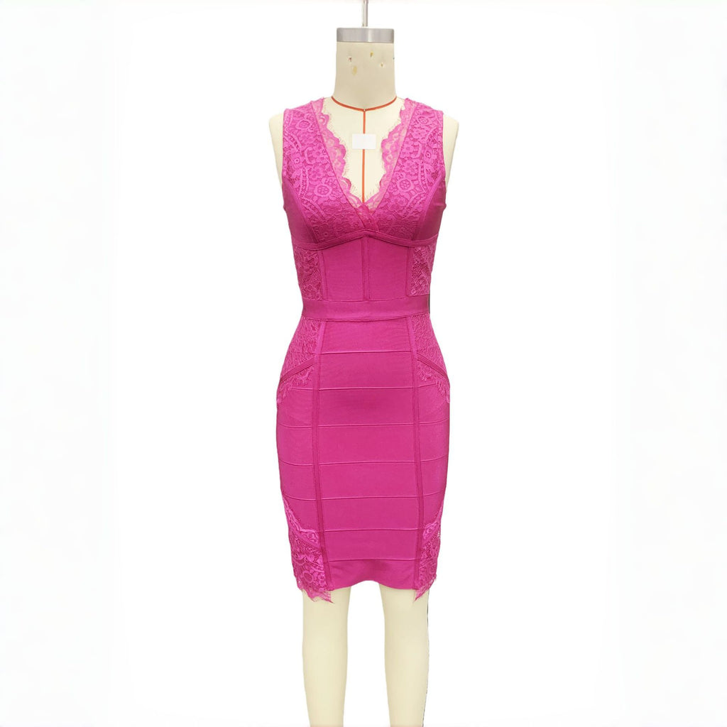 Rose Red Bright Silk Fabric Deep V Dress