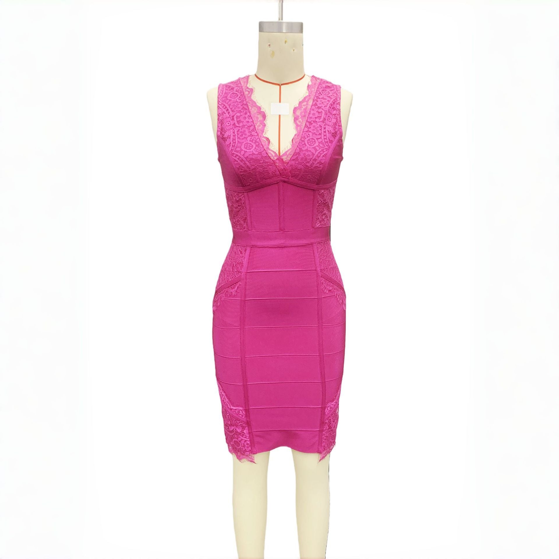 Rose Red Bright Silk Fabric Deep V Dress
