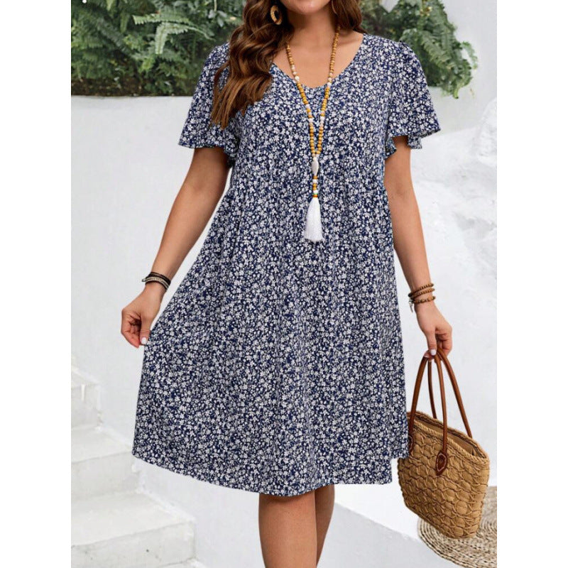 Floral Print Sleeve Pullover Crew Neck Casual Dress