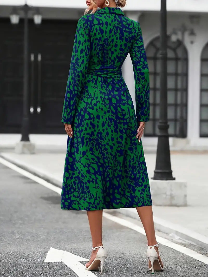 Printed Button Long Sleeve Waist A- Dress
