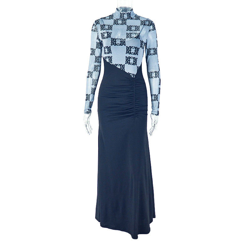 Women's Fashion Stitching Pleated Hip Micro Transparent Stand Collar Long Sleeve Dress