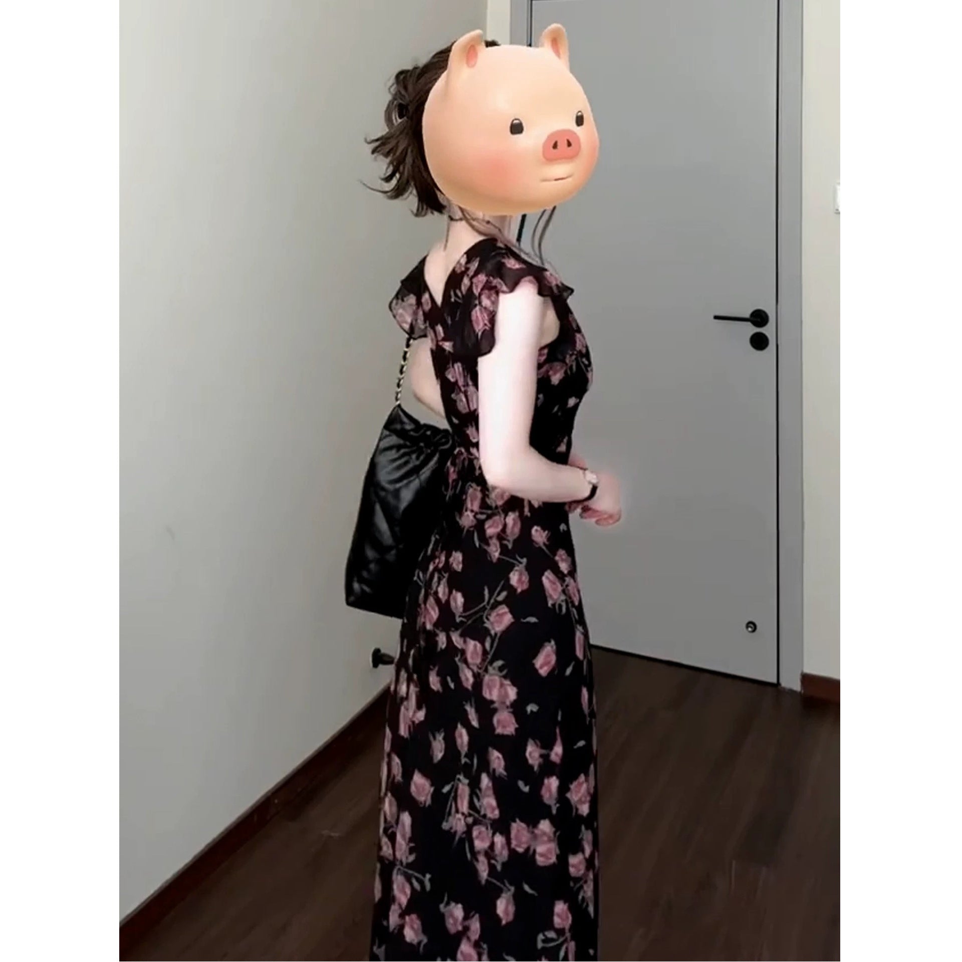 Women's Style Flying Sleeve Black Shivering Summer Korean Elegant Dress
