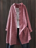 Women's Cotton Linen Striped Mid-length Long Sleeve Blouse