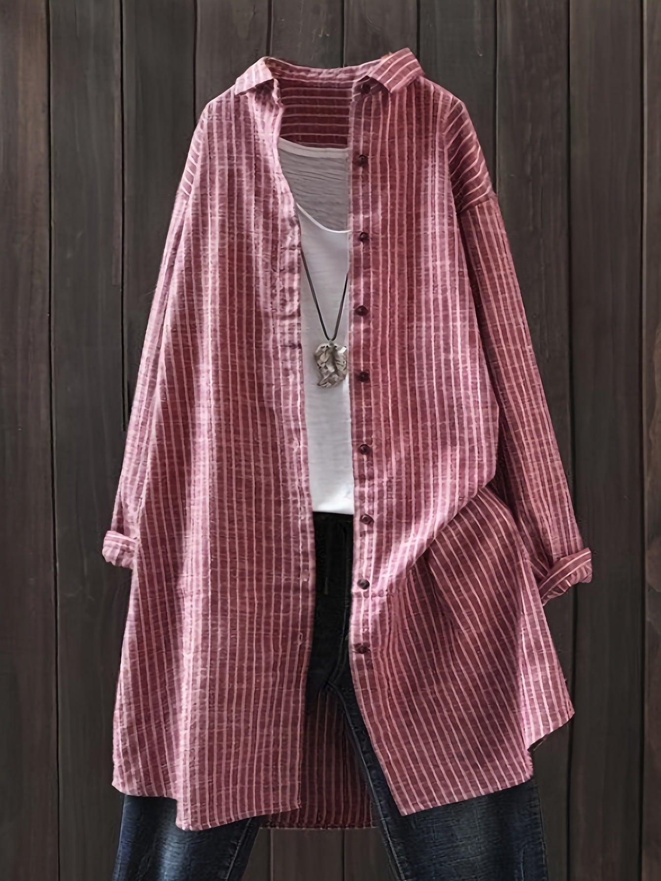 Women's Cotton Linen Striped Mid-length Long Sleeve Blouse