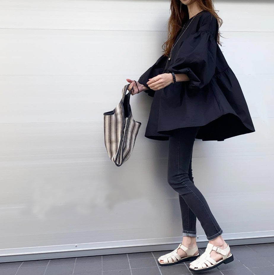 Front Back Wearable Loose Lantern Sleeve Blouse