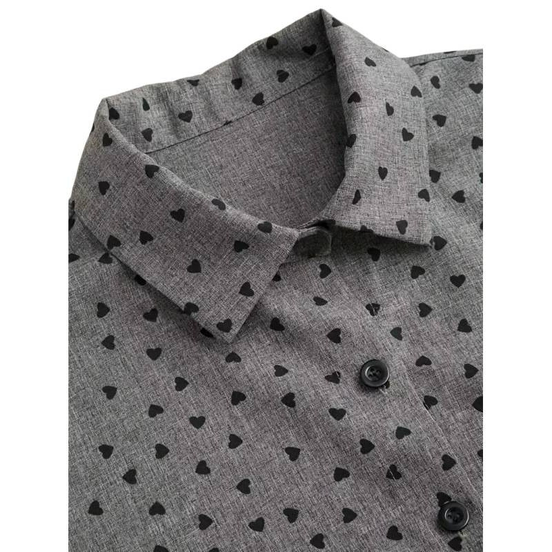 Women's Trend Heart Printing Shirt Single-breasted Elegant Cuff Stitching Lace Blouse