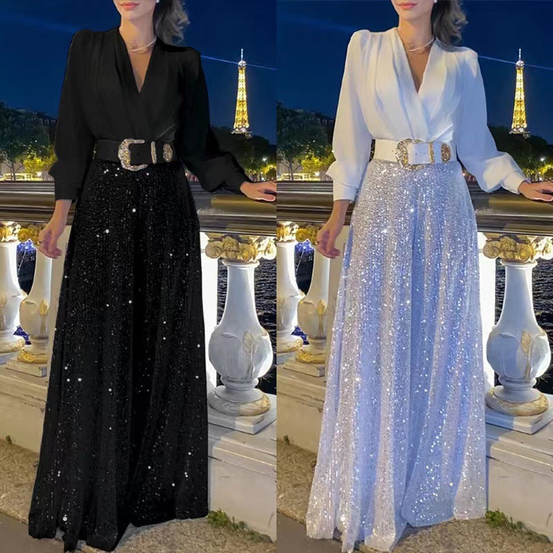 Long Sleeve Elegant Waist Slimming Deep Wide Pants