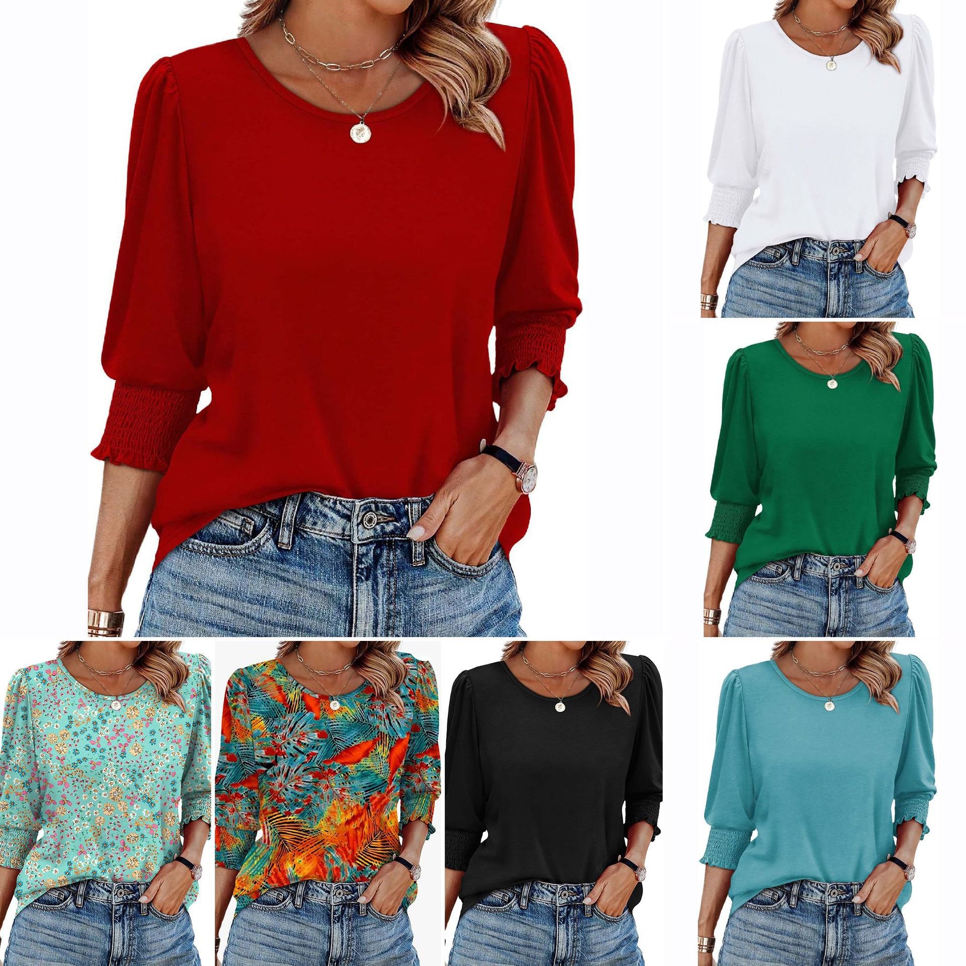 Women's Autumn Loose Casual Print Sleeve Crew Women's T-shirt