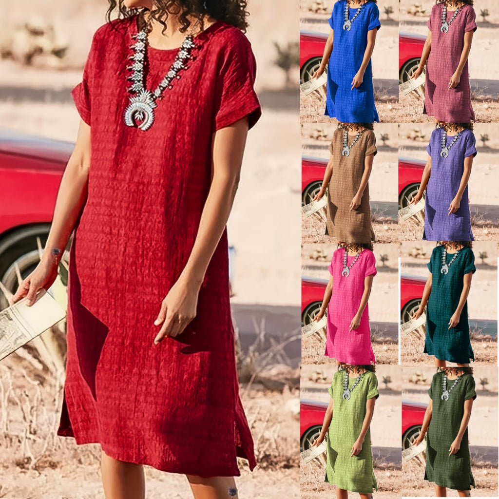 Women's Short-sleeved Casual Round Neck Side Slit Dress