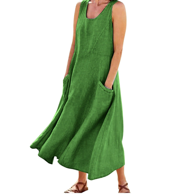 Women's Summer Retro Sleeveless Solid Color Cotton Linen Dress