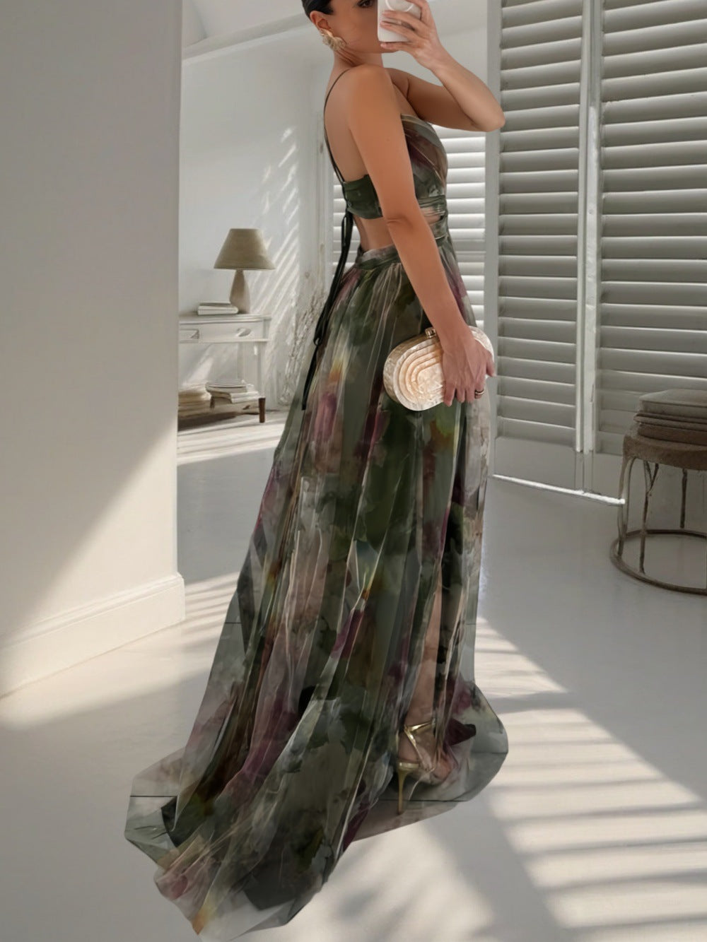 Popular Slouchy Mesh Printing Slip Vacation Dress