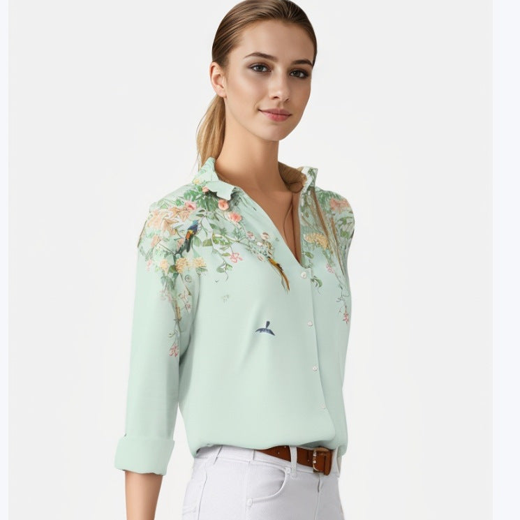 Women's Lapel Long-sleeved Single-breasted Temperament Printed Shirt Blouse