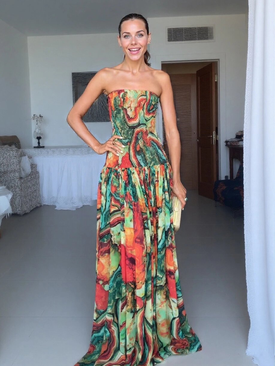 Printed Smocking Wrapped Chest Slim Formal Swing Dress