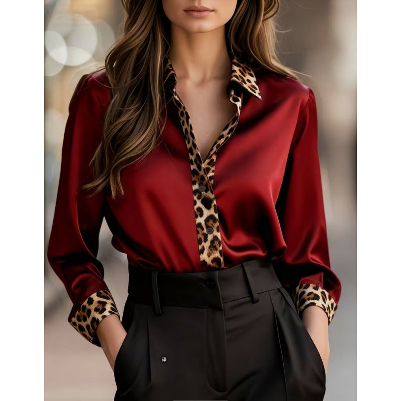 Women's Leopard Print Round Neck Stitching Satin Shirt Blouse