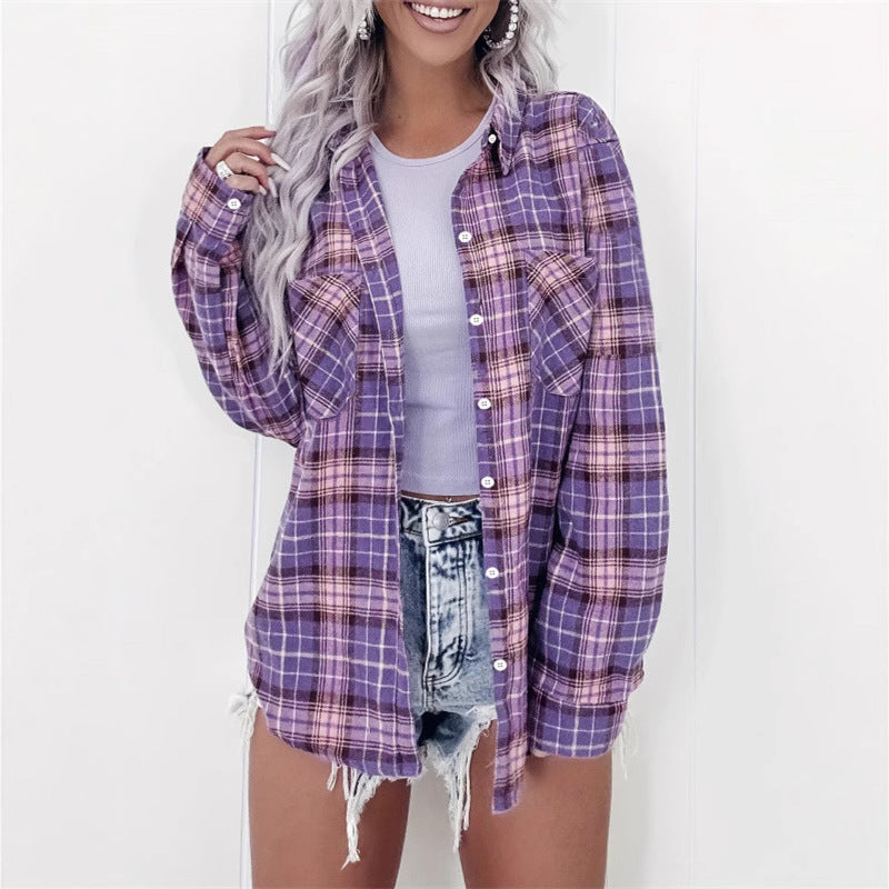 Women's Spring Plaid Printed Long Sleeve Lapel Cardigans