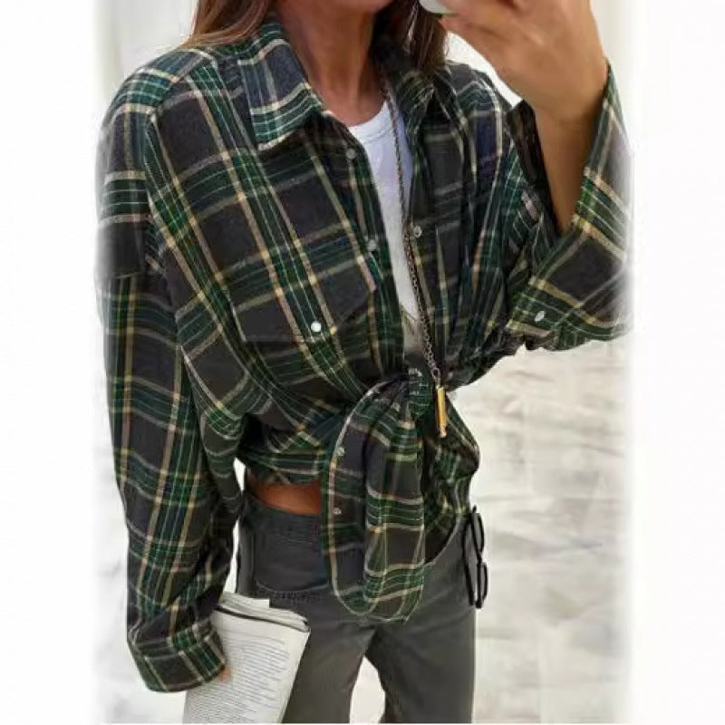 Women's Style Lapel Loose Shirt Autumn Plaid Long Blouse