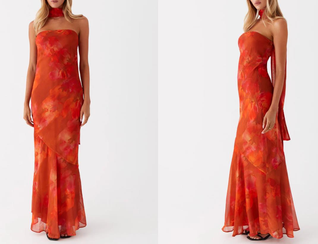 Graceful Satin Backless Tube Digital Printed Dress