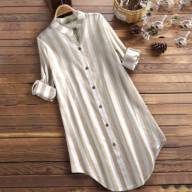 Women's Mid-length Casual Striped Shirt Long Sleeve Plus Size