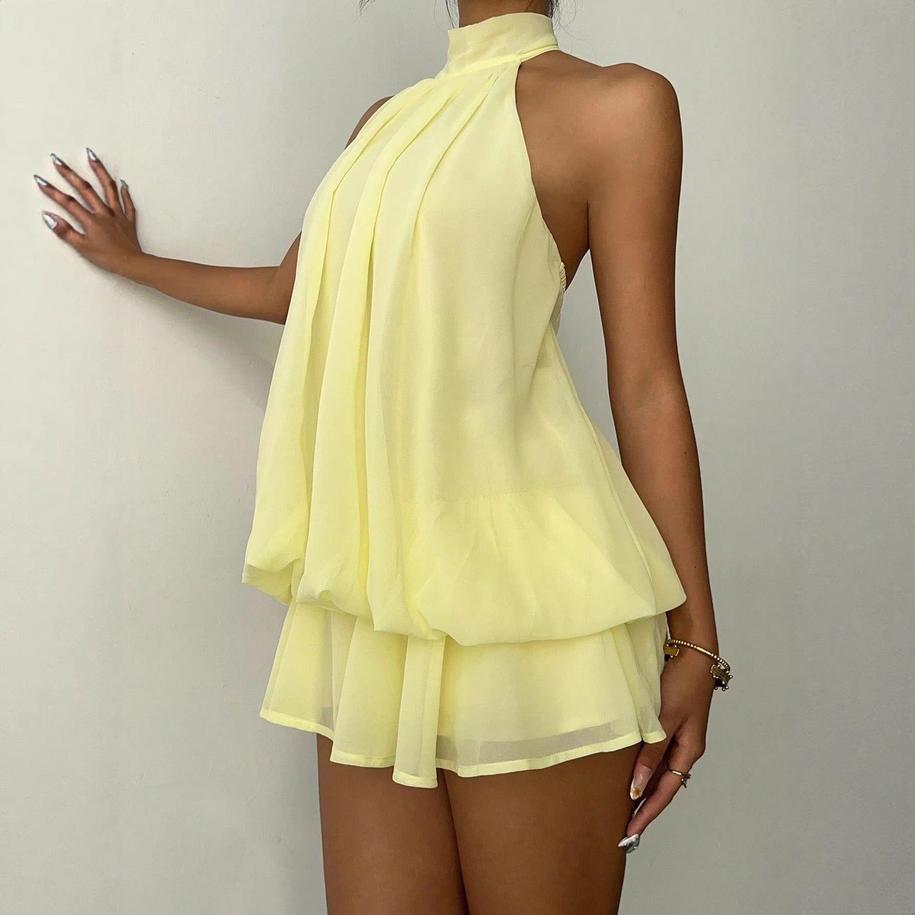 Autumn Chiffon Stitching Halter Sleeveless High Waist A- Dress