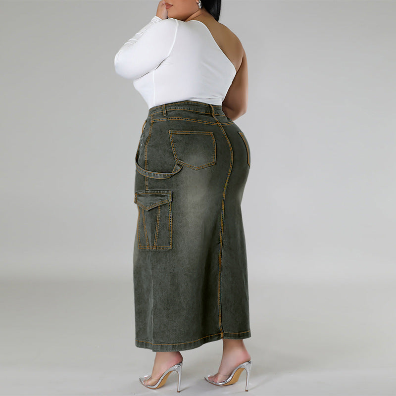 Women's Large Denim Decoration Sleeveless Split Long Skirt