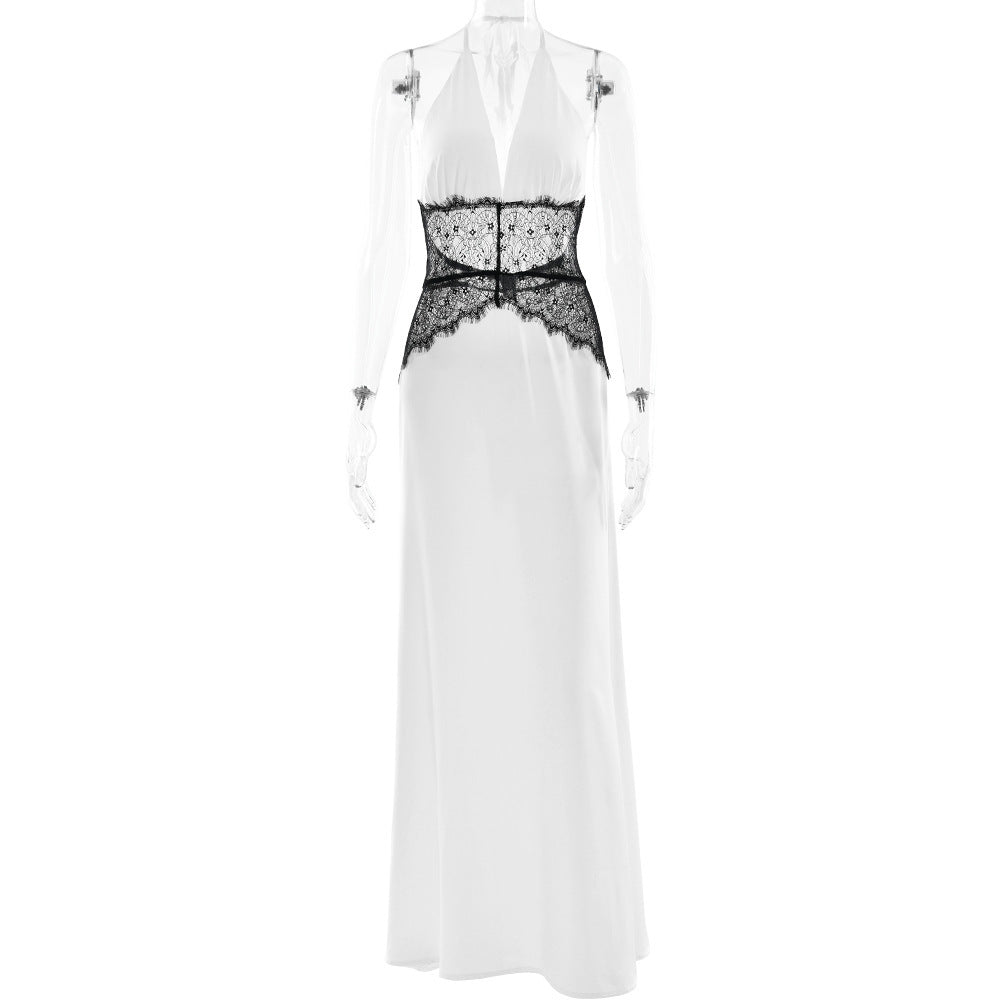 Summer Elegant Deep V Silky Satin Stitching Halter Dress