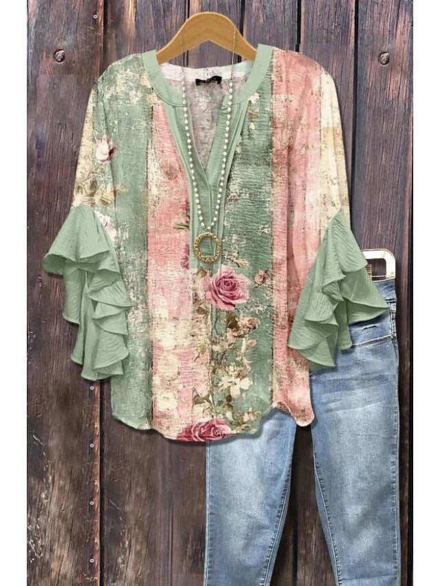 Women's Floral Element Print Casual Trend Lotus Tops