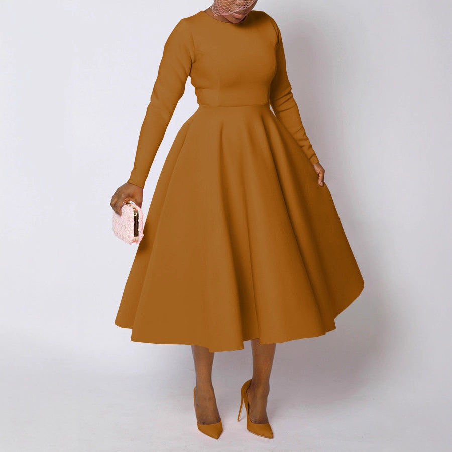 Women's Solid Color Round Neck Long Sleeve Flat Part Of Knife Dress