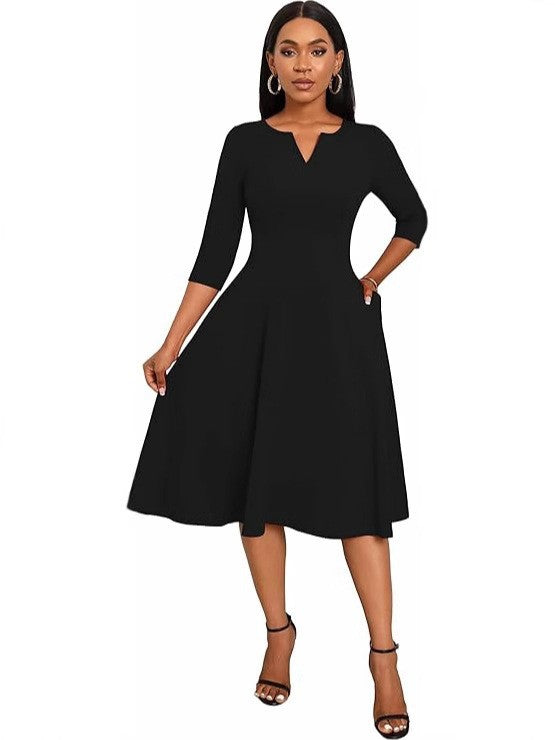 Mid-length Flared Three-quarter Sleeve Guest Work Dress