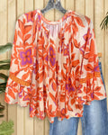 Women's Printed Batwing Sleeve Pleated Loose Shirt Blouse